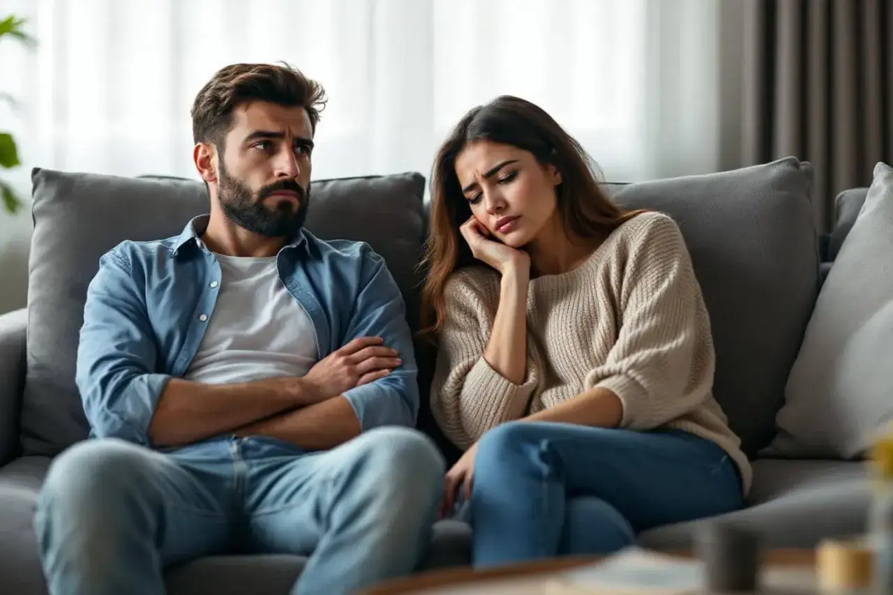 Un couple assis sur un canapé, l'air distant. Elle a la tête appuyée sur la main, l'air triste. Il regarde ailleurs, bras croisés. Une scène où l'on a envie de dire je t'aime et ne pas avoir de réponse.