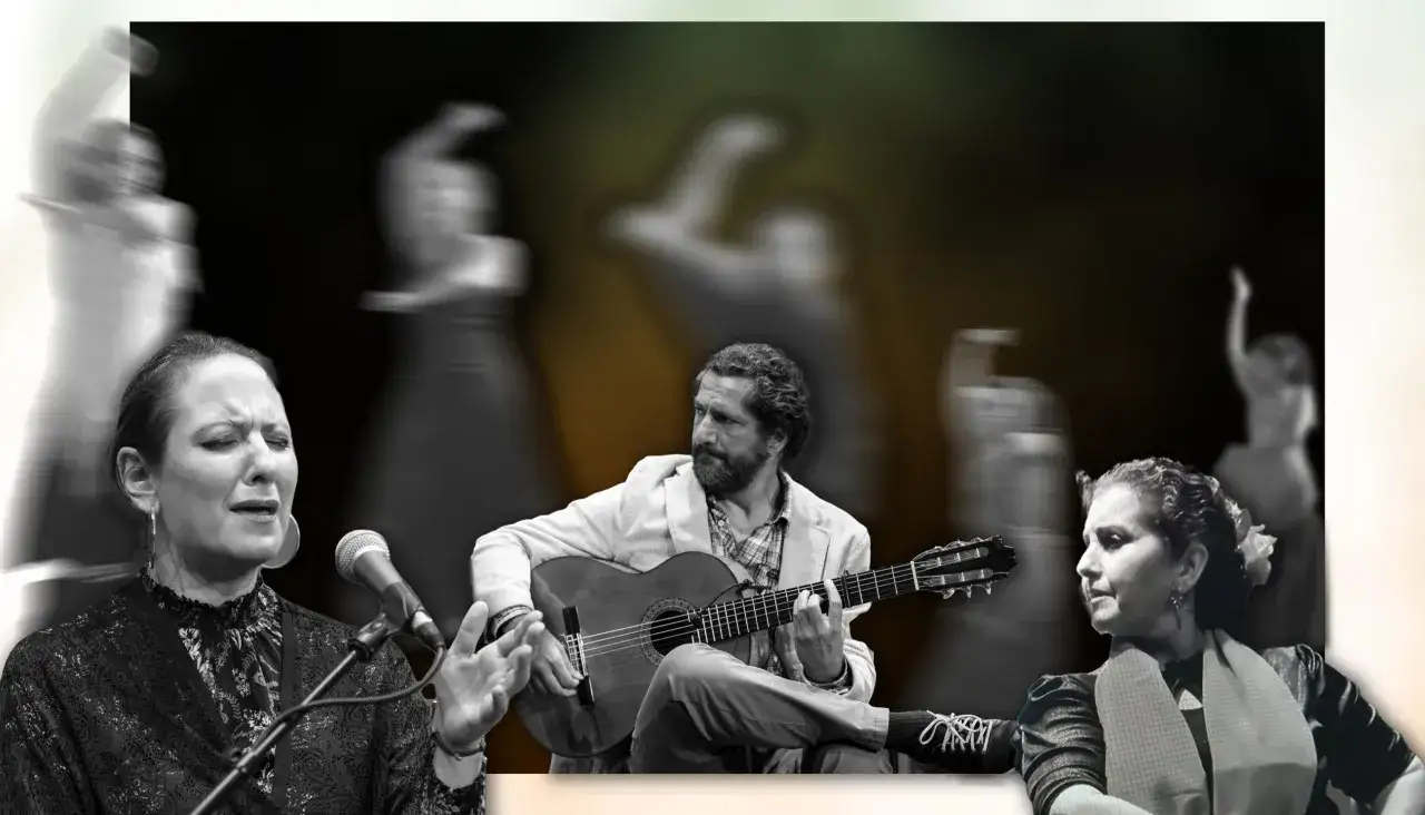 La voz flamenco de una mujer canta apasionadamente, acompa&ntilde;ada por un guitarrista. Figuras borrosas de bailarinas danzan al fondo.