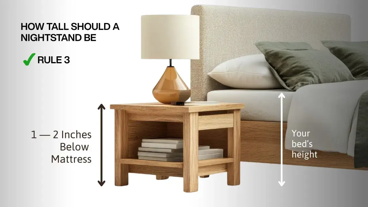 A wooden nightstand with a lamp and books is shown next to a bed. The text indicates the ideal nightstand height is 1-2 inches below the mattress.