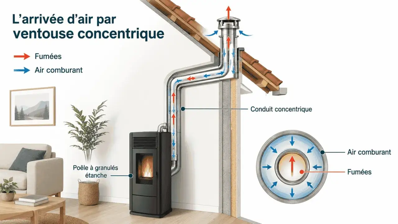 Illustration d'une installation de poêle à granulés étanche avec conduit concentrique pour l'arrivée d'air comburant et l'évacuation des fumées.