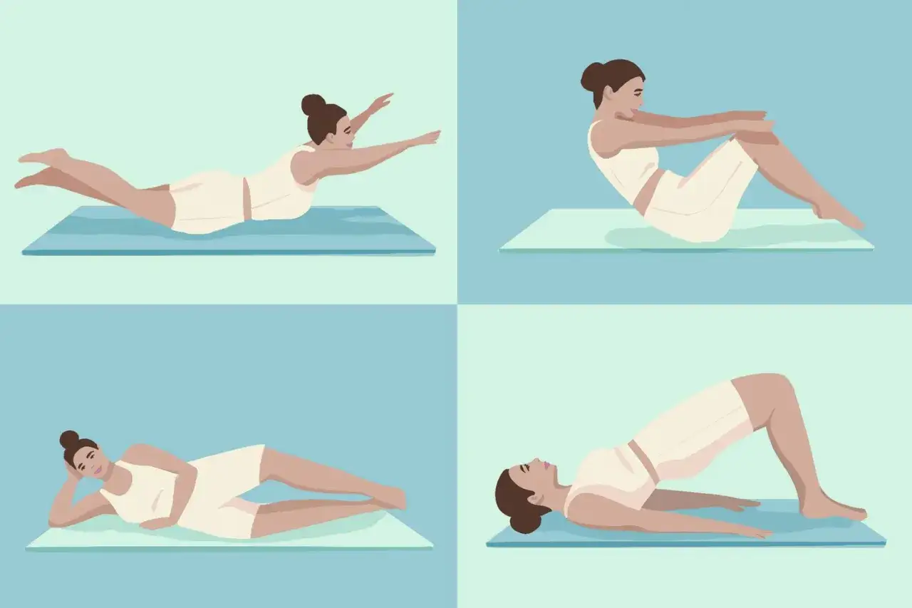Ilustracja pokazuje 5 ćwiczeń pilates: leżenie na brzuchu z uniesionymi rękami i nogami, pozycja siedząca z podkurczonymi nogami, leżenie na boku, mostek i pozycja siedząca z nogami w powietrzu.