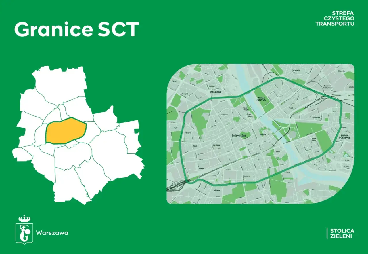 Mapa Warszawy z zaznaczoną żółtą obwódką, która wyznacza granice Strefy Czystego Transportu.