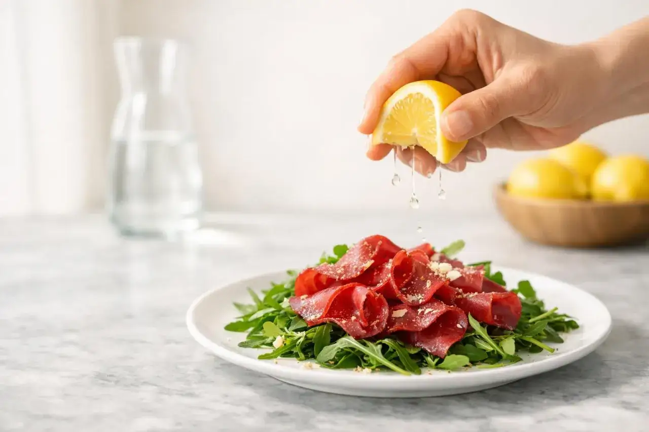 Bresaola su rucola, condita con limone fresco. Un piatto leggero, ideale per chi cerca poche calorie bresaola.