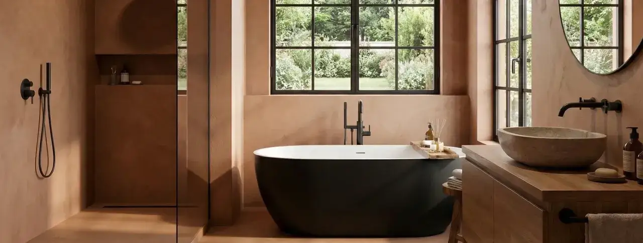 Modernes bad ohne fliesen mit freistehender Wanne, Steinwaschbecken und großer Dusche. Natürliche Materialien und erdige Töne schaffen eine entspannende Atmosphäre.