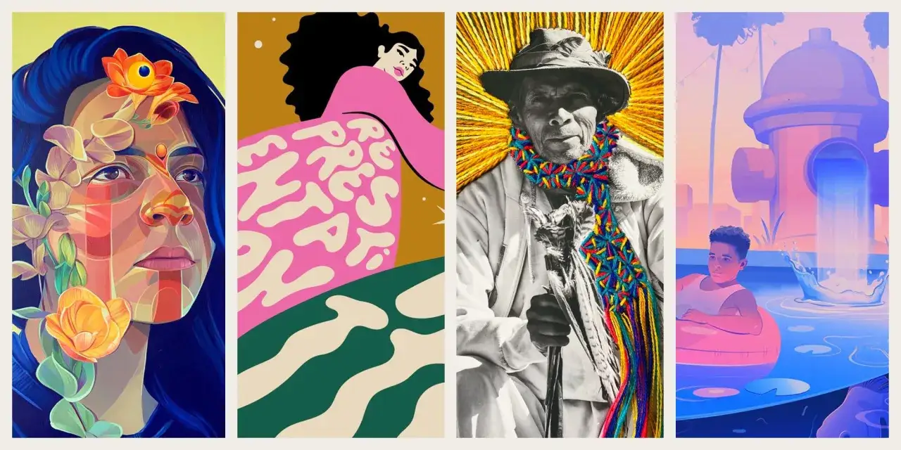 Four panels showcase diverse art styles from hispanic artists: a portrait with flowers, a woman with bold text, an elder with a vibrant scarf, and a boy by a fire hydrant.