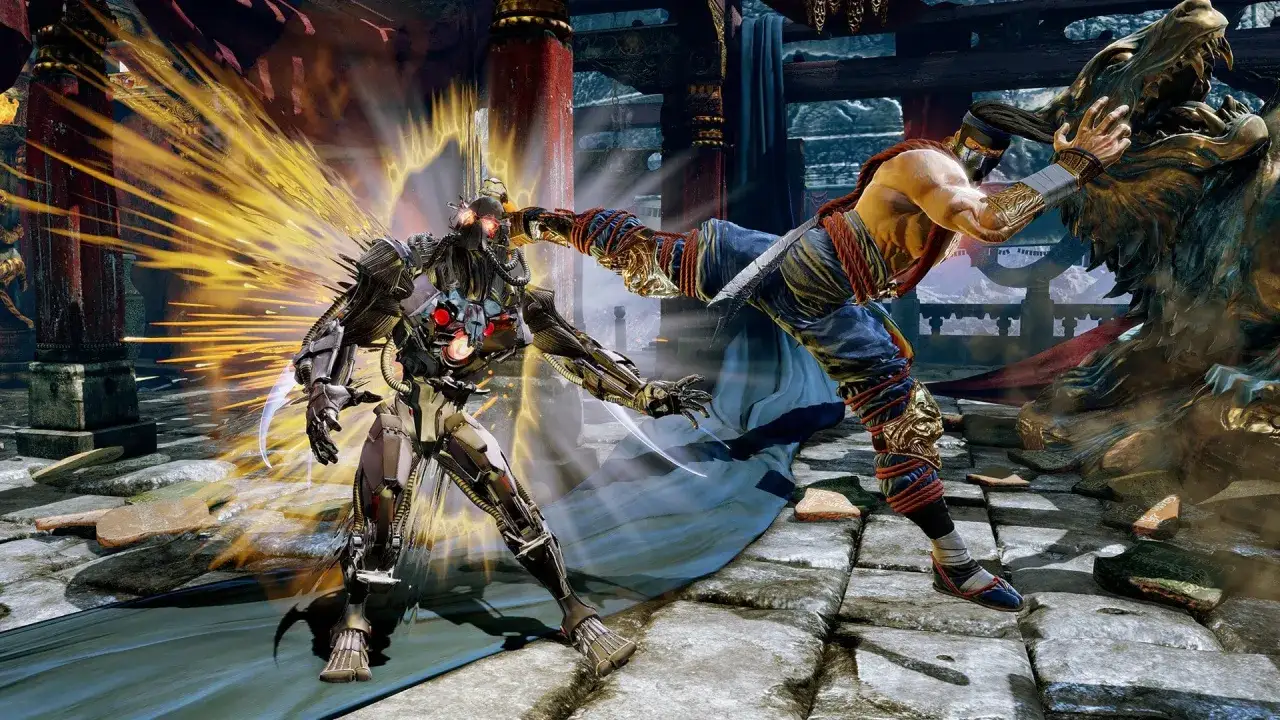 Robot walczy z człowiekiem w stylu gier podobnych do Mortal Kombat. Intensywna akcja i efekty wizualne.