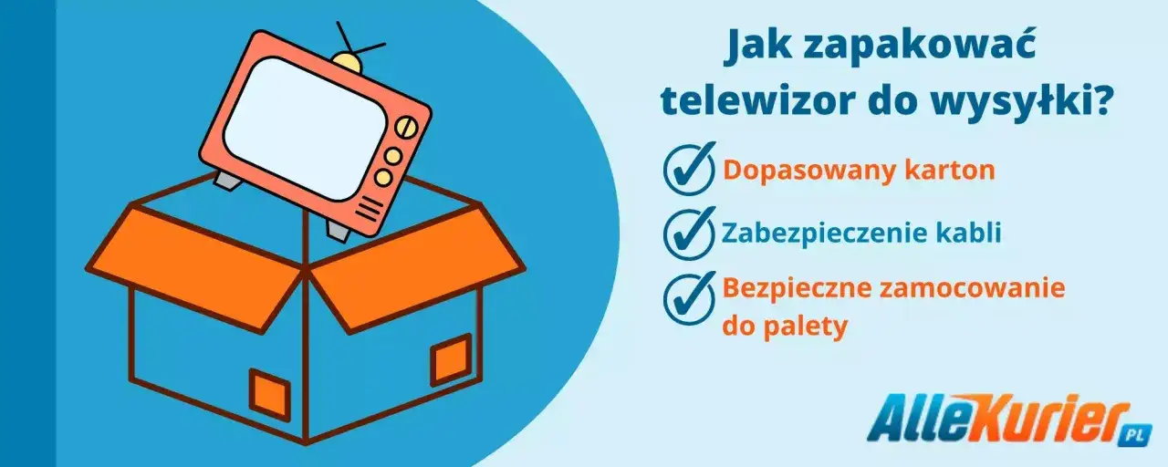 Jak wysłać telewizor kurierem? Ilustracja pokazuje telewizor w kartonie, z zaznaczonymi punktami: dopasowany karton, zabezpieczenie kabli, bezpieczne zamocowanie do palety.