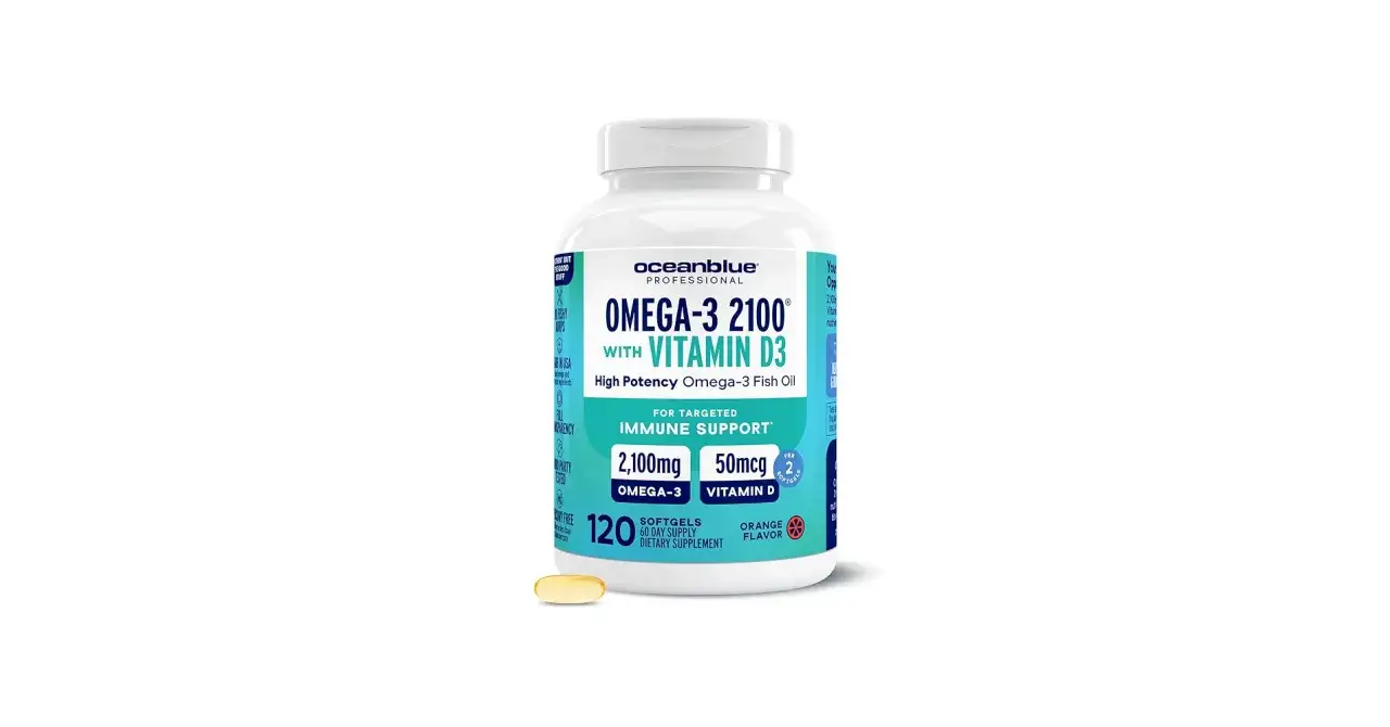 Bote de aceite de pescado Oceanblue Omega-3 2100 con Vitamina D3, para apoyo inmunol&oacute;gico.