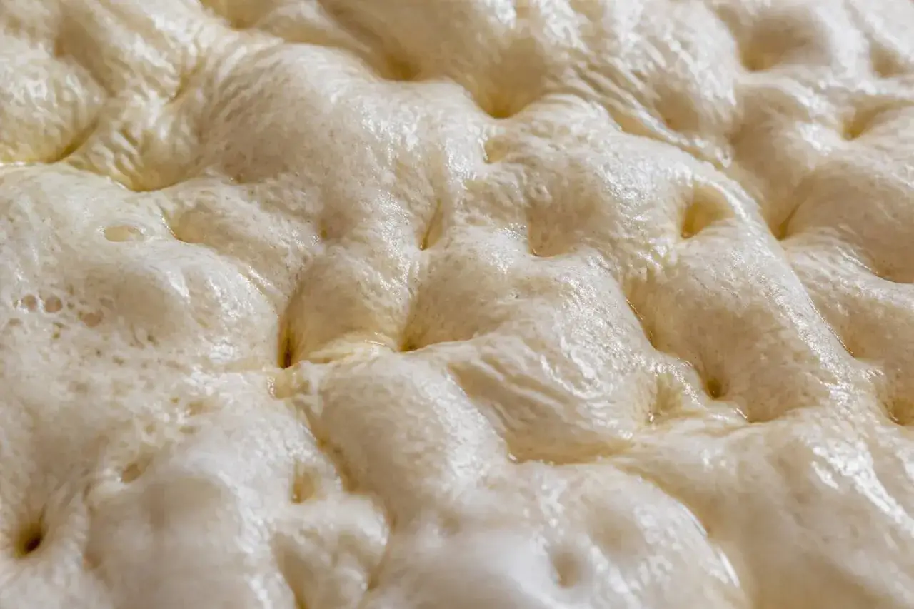 Pâte à focaccia prête à cuire, avec ses alvéoles caractéristiques. Une recette simple pour un pain savoureux.