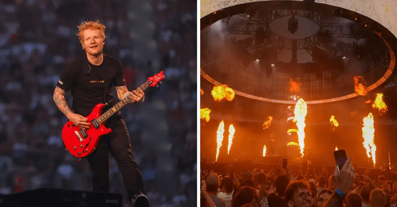 Ed Sheeran gra na czerwonej gitarze podczas koncertu we Wrocławiu. Na scenie płoną ognie, a tłum szaleje. Koncert Ed Sheeran Polska.