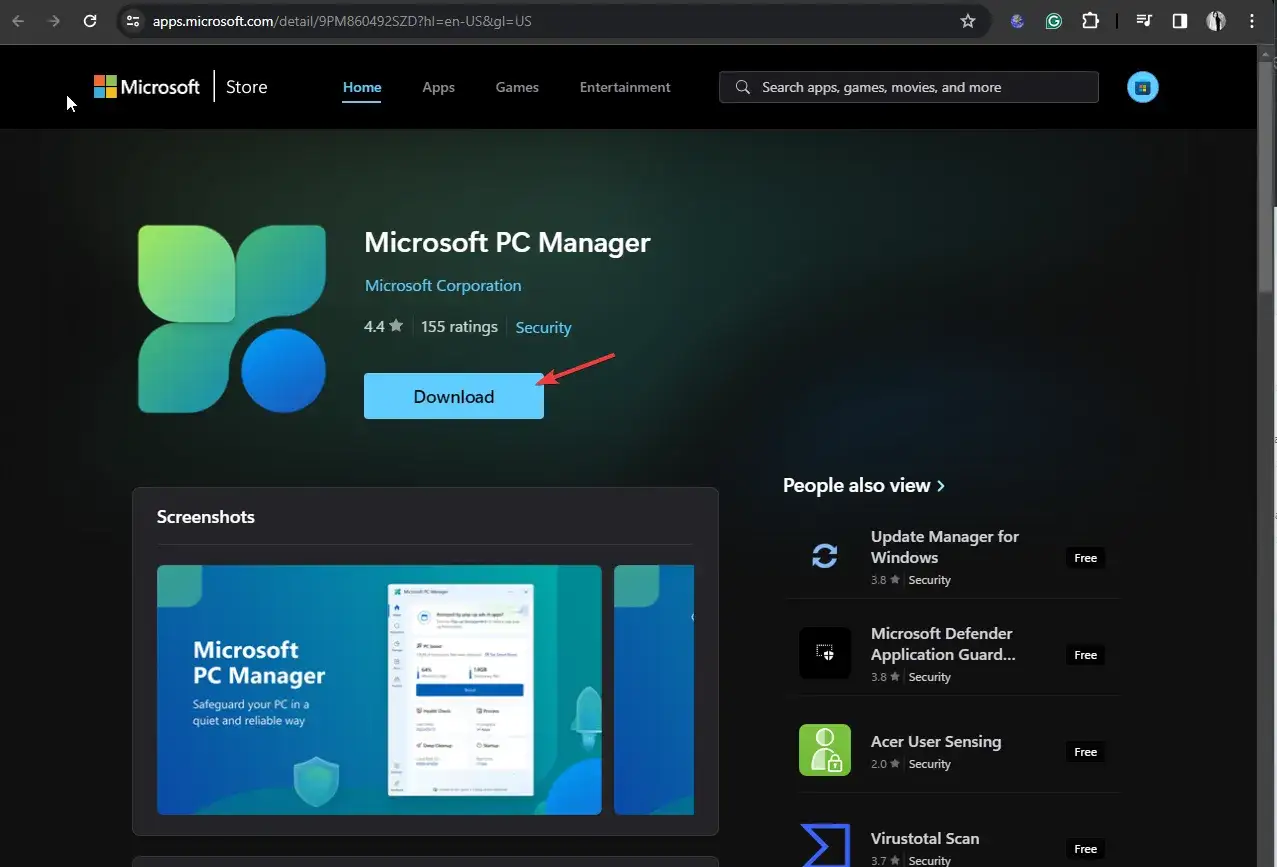Strona Microsoft Store z przyciskiem 