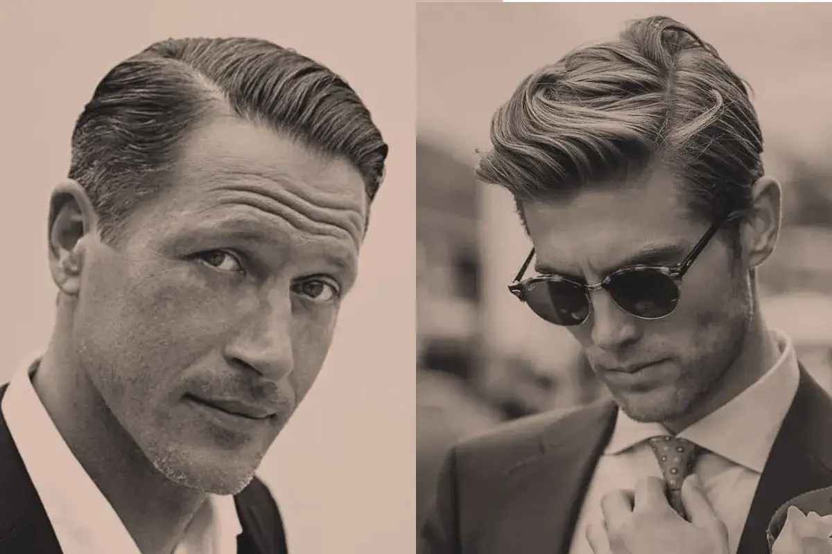 Dos hombres con peinado de **side part**. Uno mira a la cámara, el otro se ajusta la corbata.