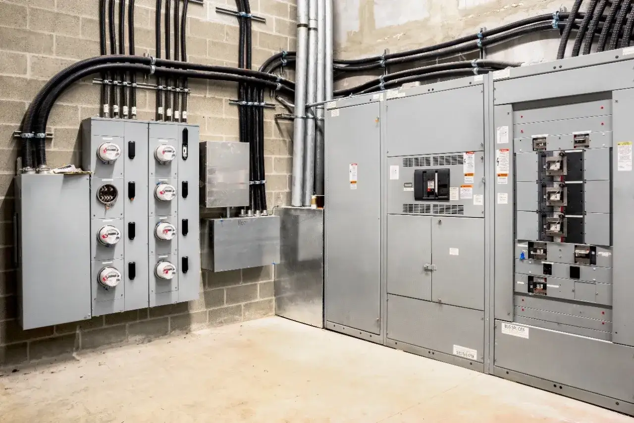 Panel z licznikami i rozdzielnicami elektrycznymi, gdzie każdy licznik jest jak ogranicznik mocy dla swojego obwodu.
