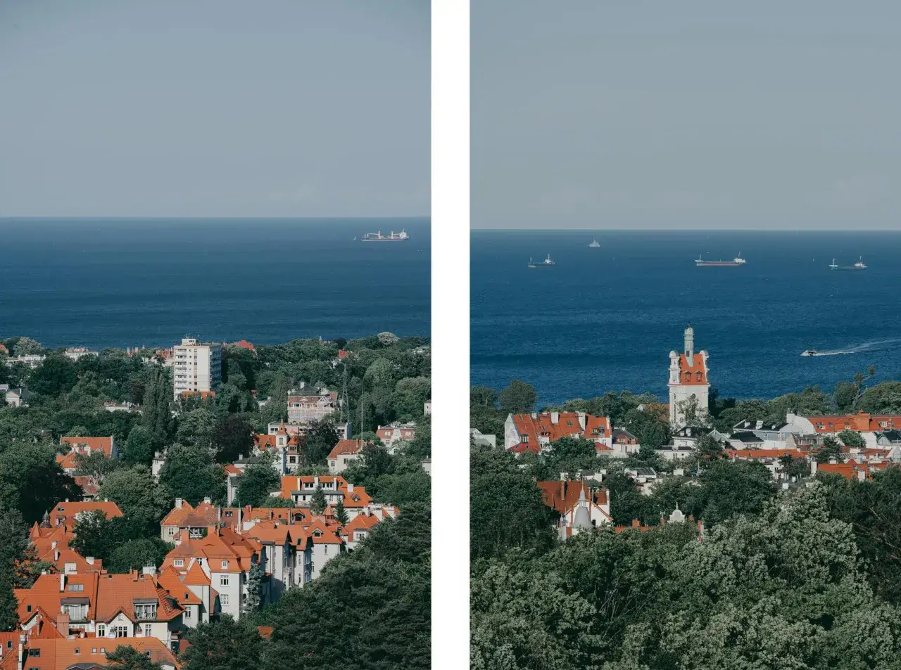 Widok na Sopot z g&oacute;ry, z charakterystyczną wieżą i czerwonymi dachami. Na morzu widać statki. To urokliwe zajęcze wzg&oacute;rze Sopot.