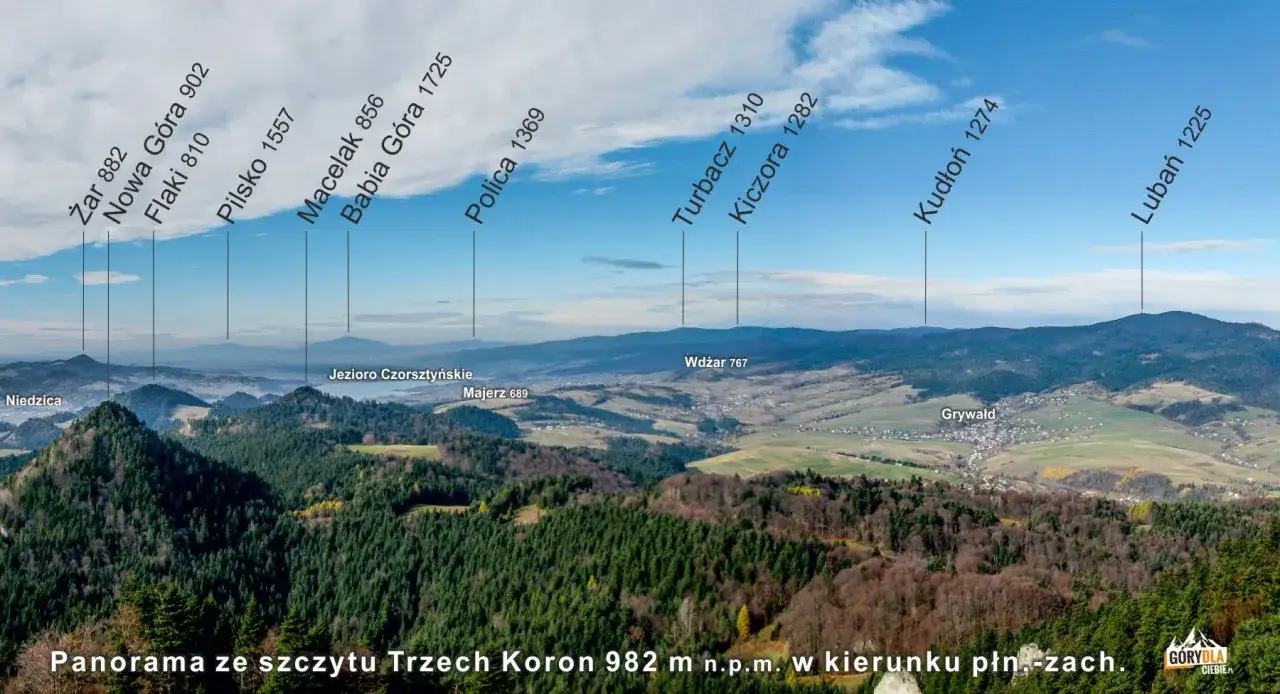 Panorama ze szczytu Trzech Koron 982 m n.p.m. w kierunku płn.-zach. Widoczne szczyty: Babia Góra, Pilsko, Turbacz.