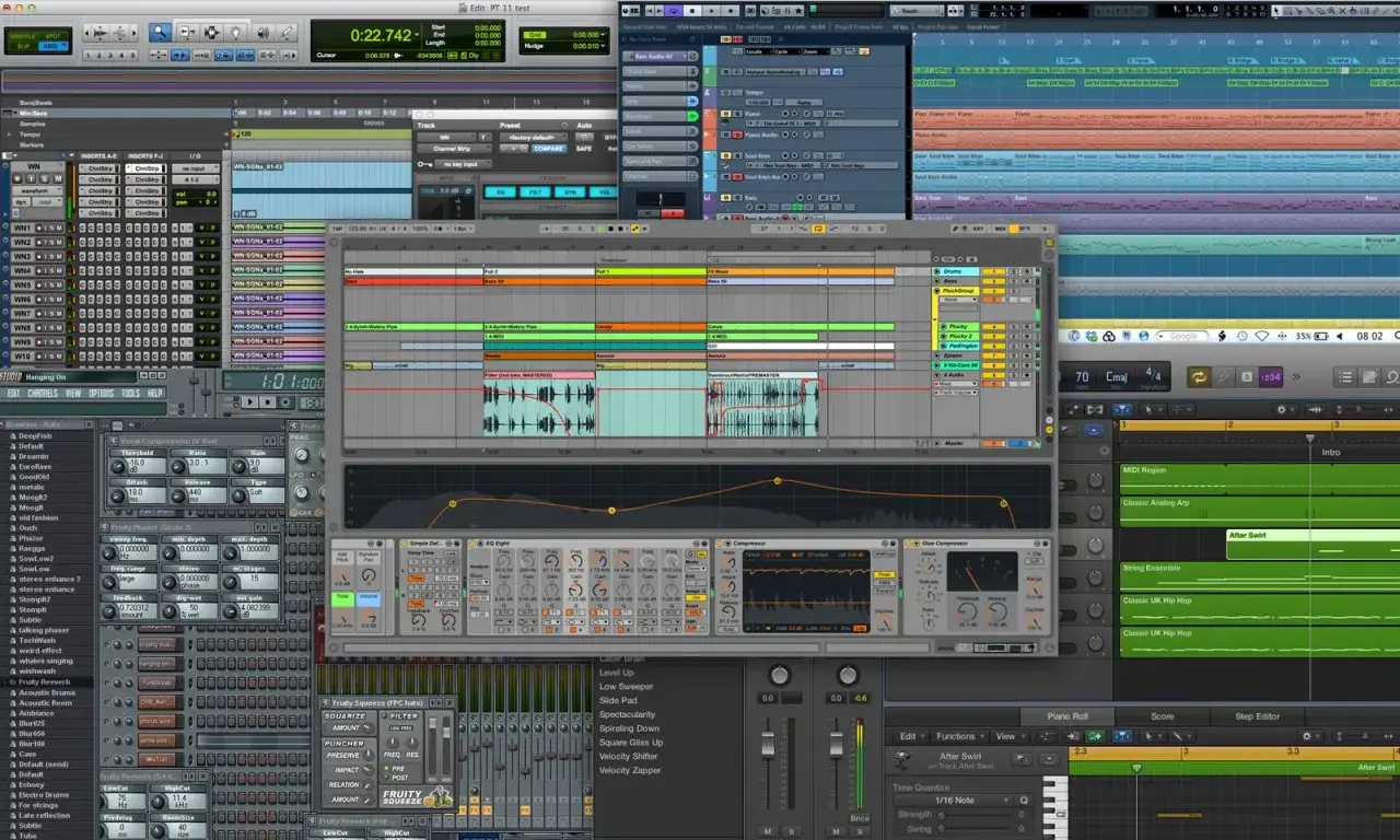 Un compositeur musique logiciel utilise une station de travail audio num&eacute;rique pour cr&eacute;er des pistes.
