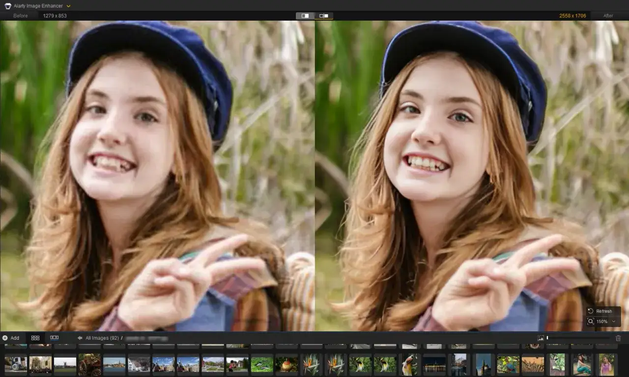 Comparaison avant/apr&egrave;s d'un logiciel pour nettet&eacute; photo. Une jeune fille souriante avec une casquette bleue et faisant un signe de paix.