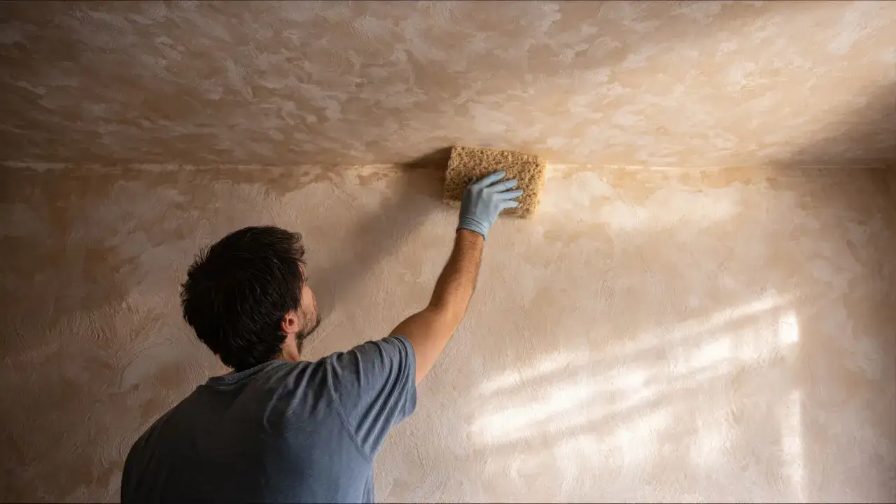 Hombre con guante azul usa esponja para limpiar pared antes de pintar.