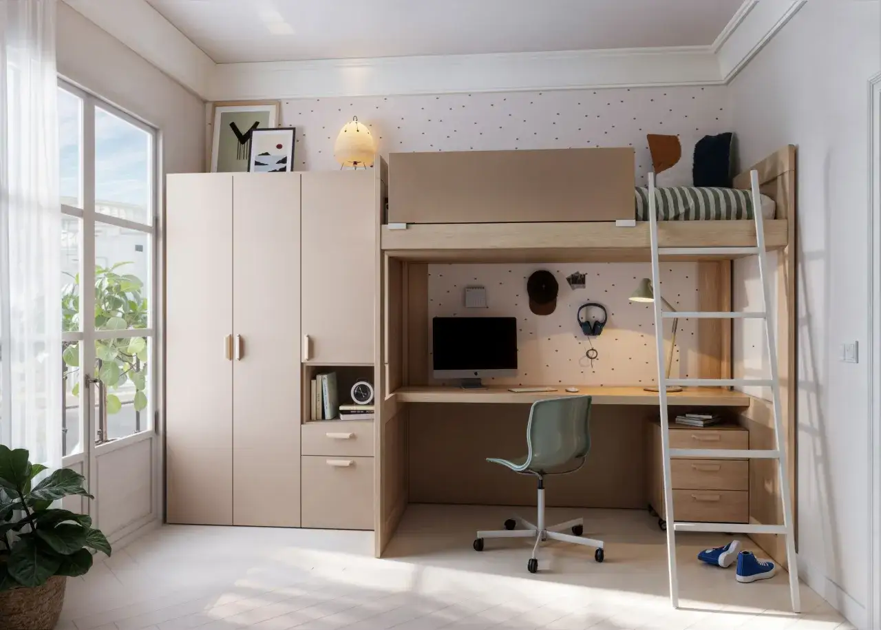 Habitación adolescente chico con cama elevada, escritorio, armario y ventana luminosa.