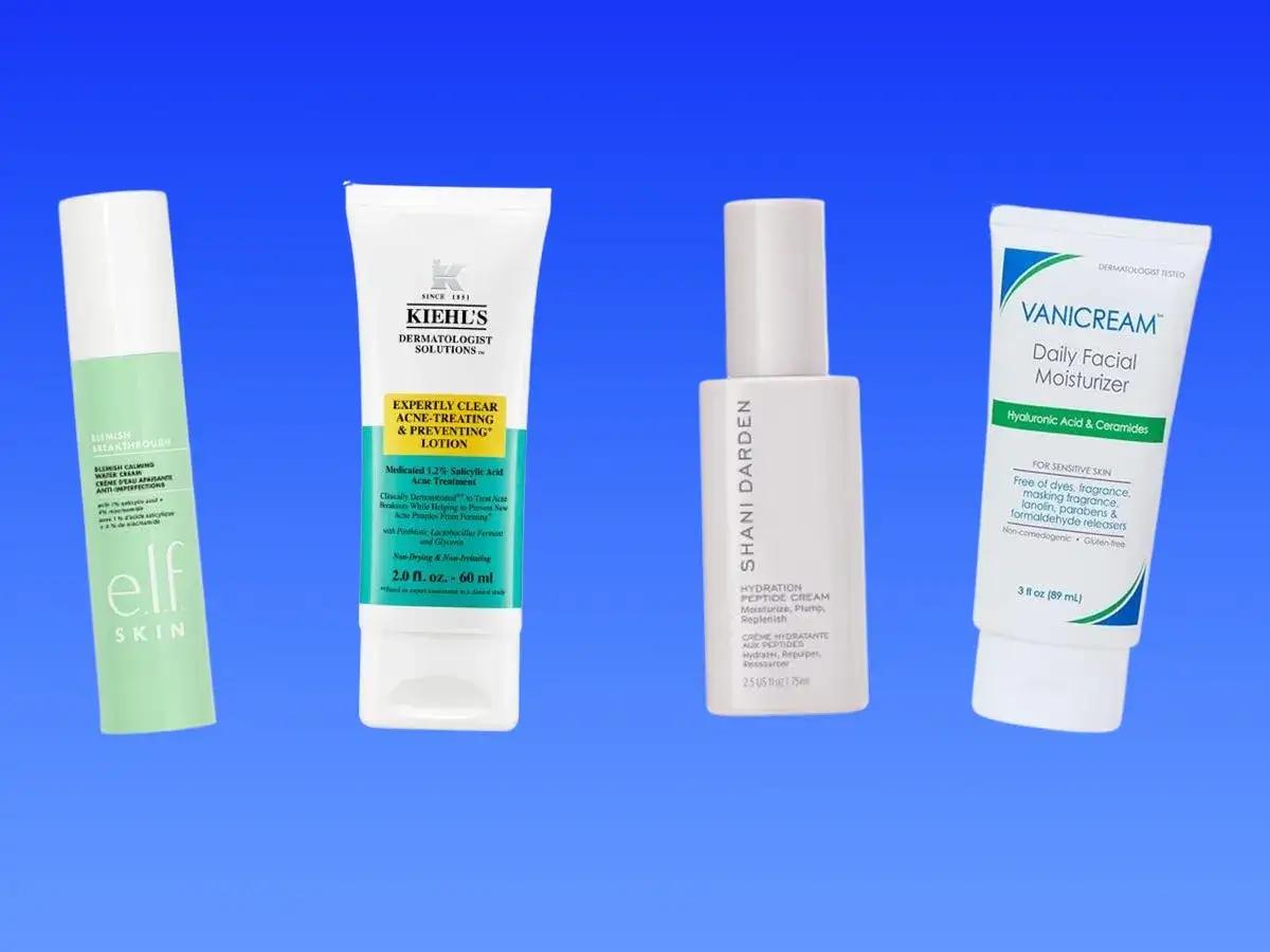 Produkty do walki z trądzik kosmetyczny: krem elf, lotion Kiehl's, krem Shani Darden i balsam Vanicream.