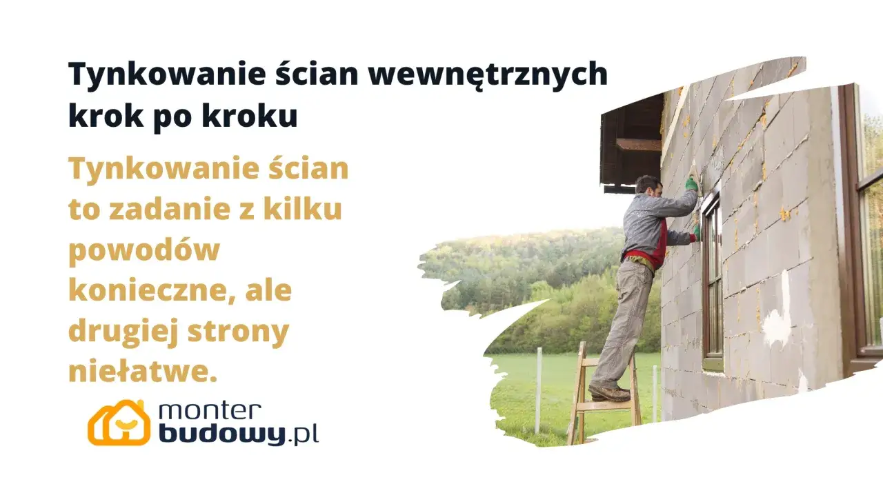 Mężczyzna na drabinie wykonuje tynkowanie ścian zewnętrznych domu. Praca wymaga precyzji i doświadczenia.