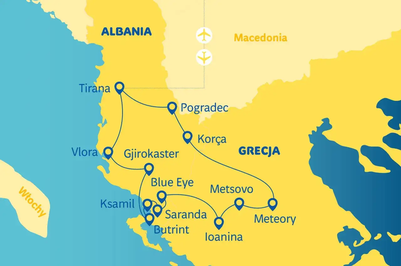Mapa Albanii z zaznaczonymi miastami: Tirana, Vlora, Gjirokaster, Ksamil, Saranda, Butrint, Blue Eye, Pogradec, Korça, a także sąsiednie kraje: Włochy, Macedonia, Grecja. Czy do Albanii potrzebny jest paszport?