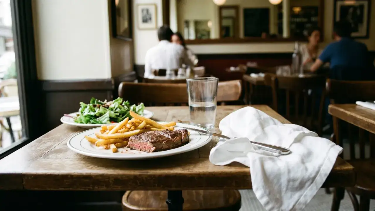 Steak-frites et salade dans un restaurant. J'espère qu'il n'y aura pas d'intoxication alimentaire.