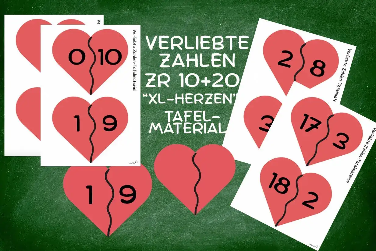 Verliebte Zahlen bis 20: XL-Herzen f&uuml;r Tafelmaterial. Zeigen Paare wie 10+0, 1+9, 2+8, 3+7, 17+3, 18+2.