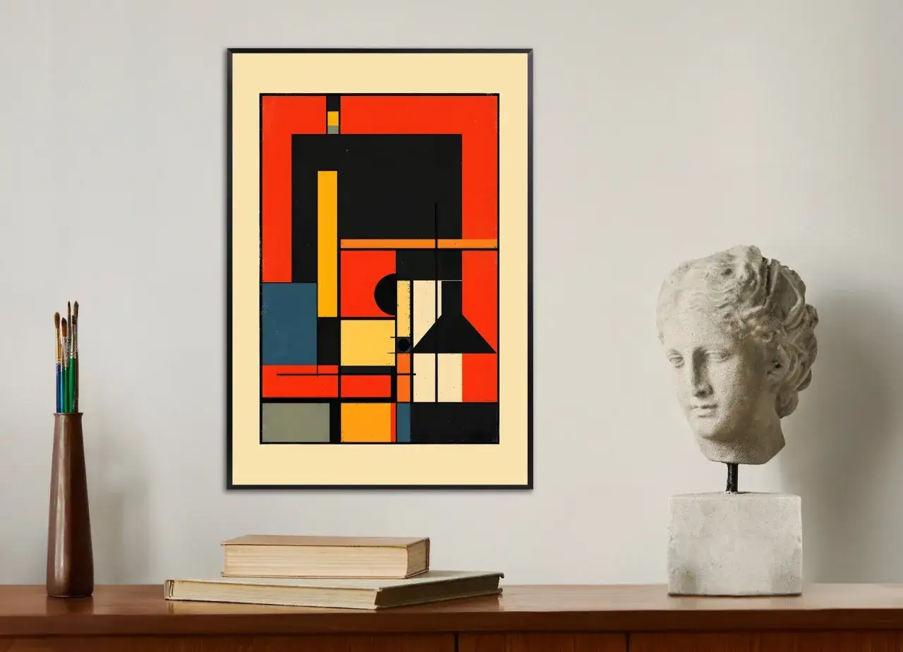 A framed De Stijl art piece with bold red, black, yellow, and blue geometric shapes hangs on a wall. A classical bust and art supplies sit on a wooden surface below.