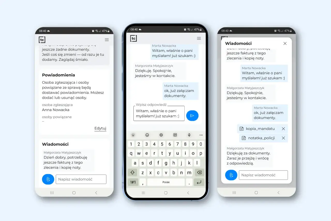 Aplikacja do komunikacji z firmą windykacyjną. Użytkowniczka pyta o numer telefonu, a rozm&oacute;wczyni odpowiada, że już szuka dokument&oacute;w.