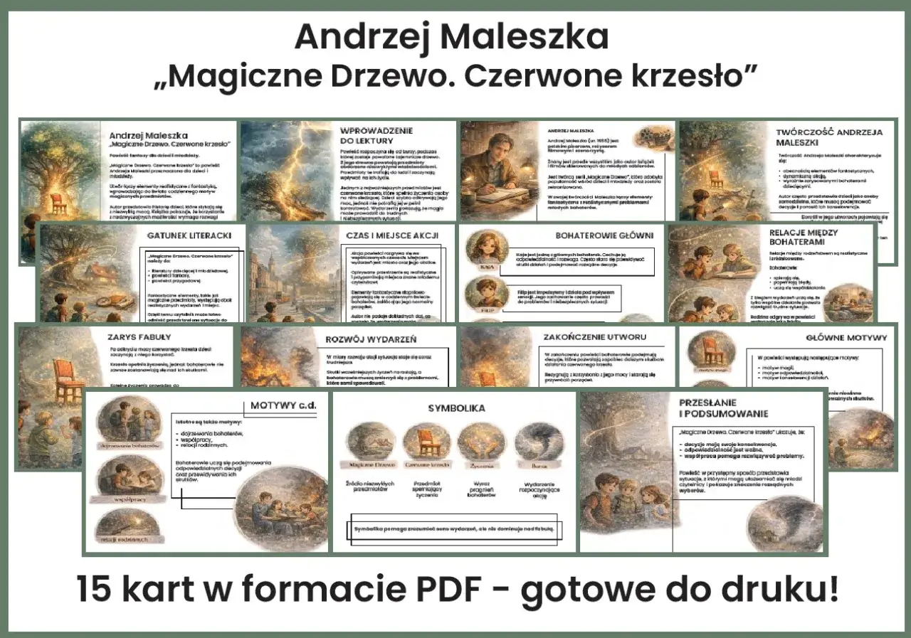 Andrzej Maleszka &bdquo;Magiczne Drzewo. Czerwone krzesło&rdquo; &ndash; streszczenie. Ilustracje przedstawiają sceny z książki, magiczne przedmioty i bohater&oacute;w.