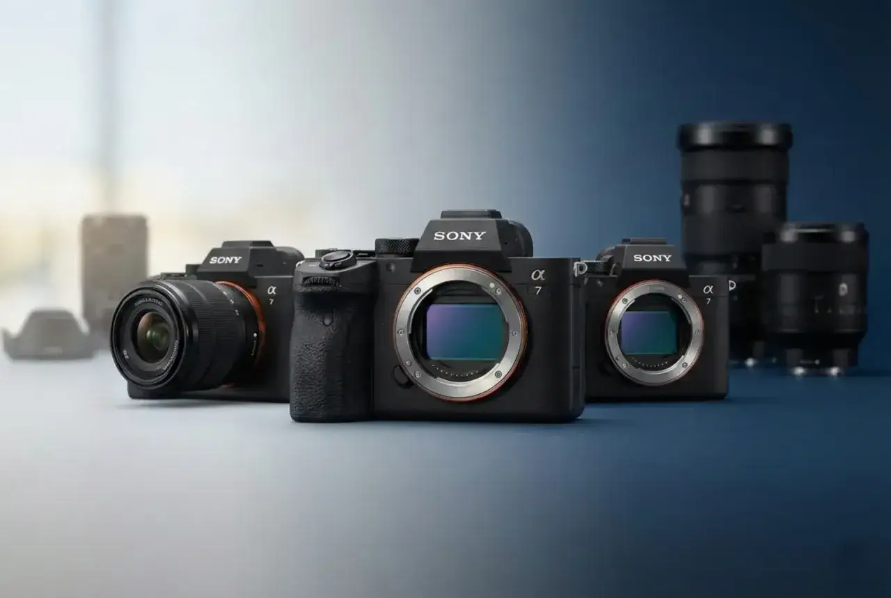 Kilka aparatów Sony Alpha 7, w tym model sony a7 iiis, z obiektywami na tle.