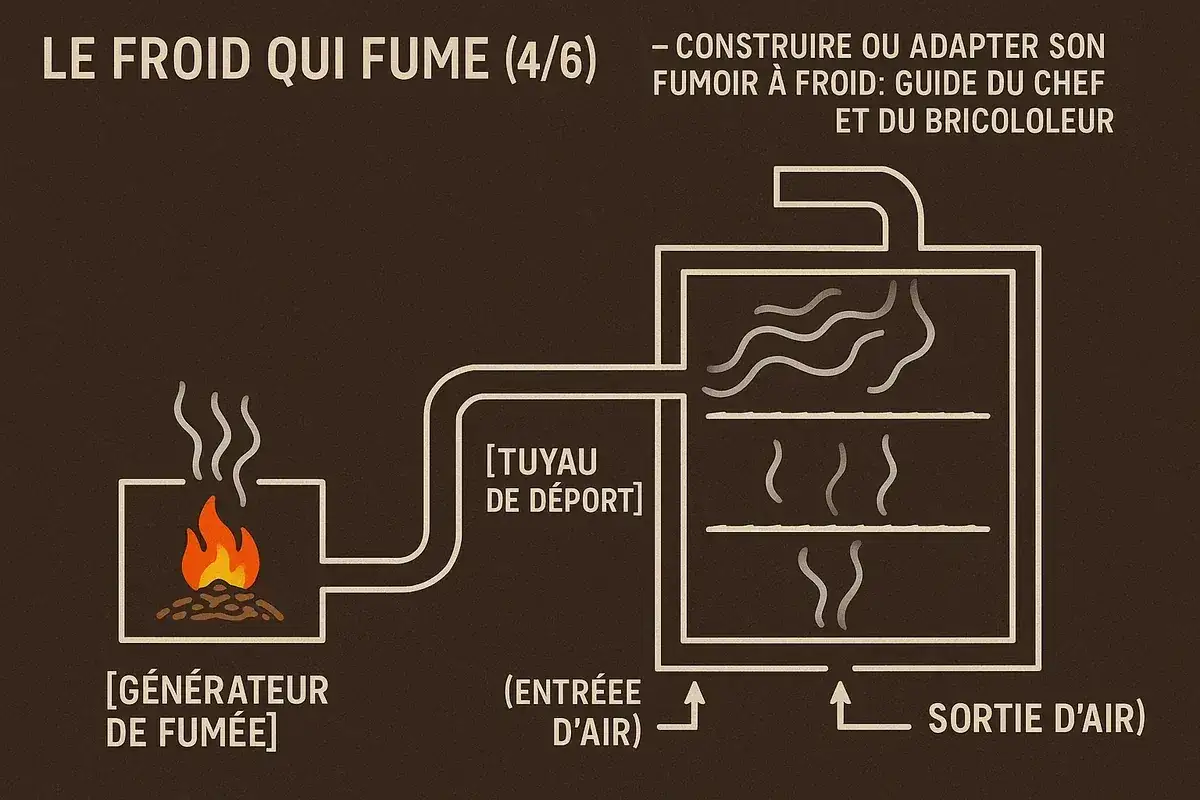 Schéma expliquant comment fonctionne un fumoir à froid : un générateur de fumée produit la fumée, acheminée par un tuyau vers la chambre de fumage où l'air circule.