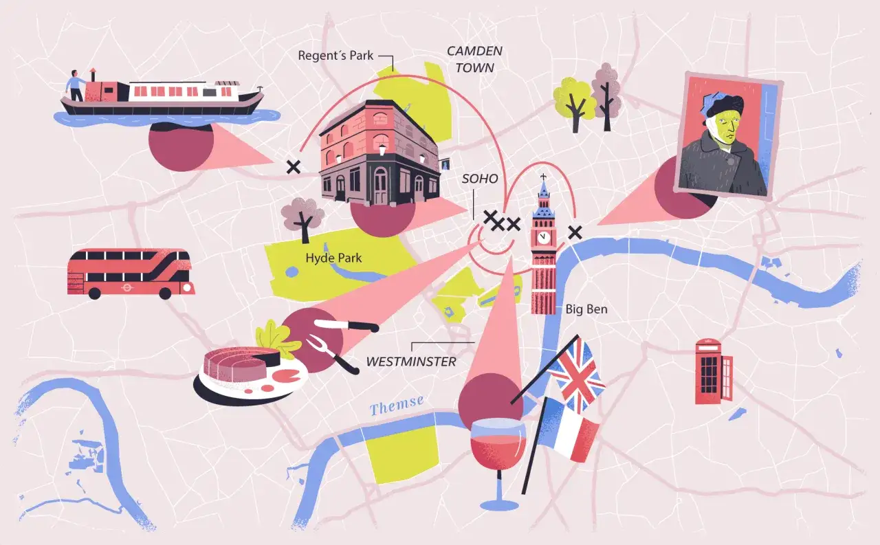 Illustrierte Karte von London mit Sehenswürdigkeiten wie Big Ben, Hyde Park und Camden Town. Hier sind einige London Tipps für Ihre Reise.