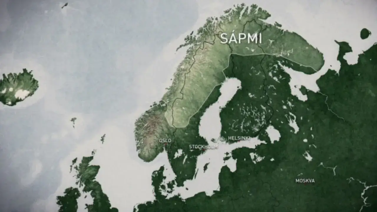 Karta över Sápmi, där samerna bor. Området sträcker sig över norra Sverige, Norge, Finland och Ryssland.