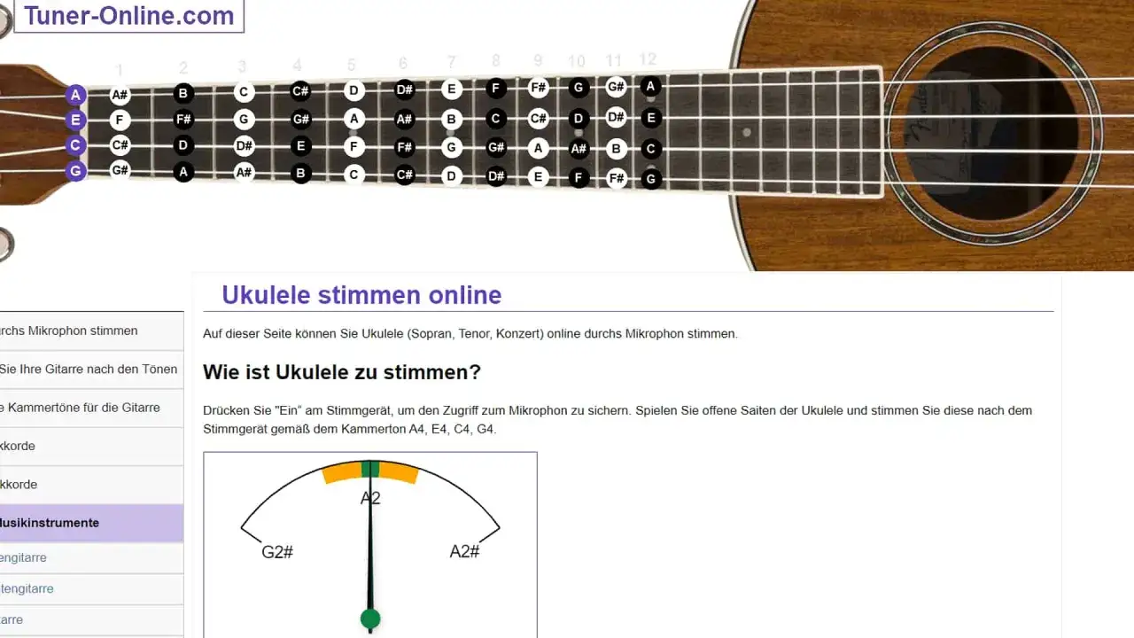 Bariton Ukulele Stimmung: Online-Stimmger&auml;t zeigt Noten auf dem Griffbrett. Perfekt f&uuml;r die Ukulele-Stimmung.