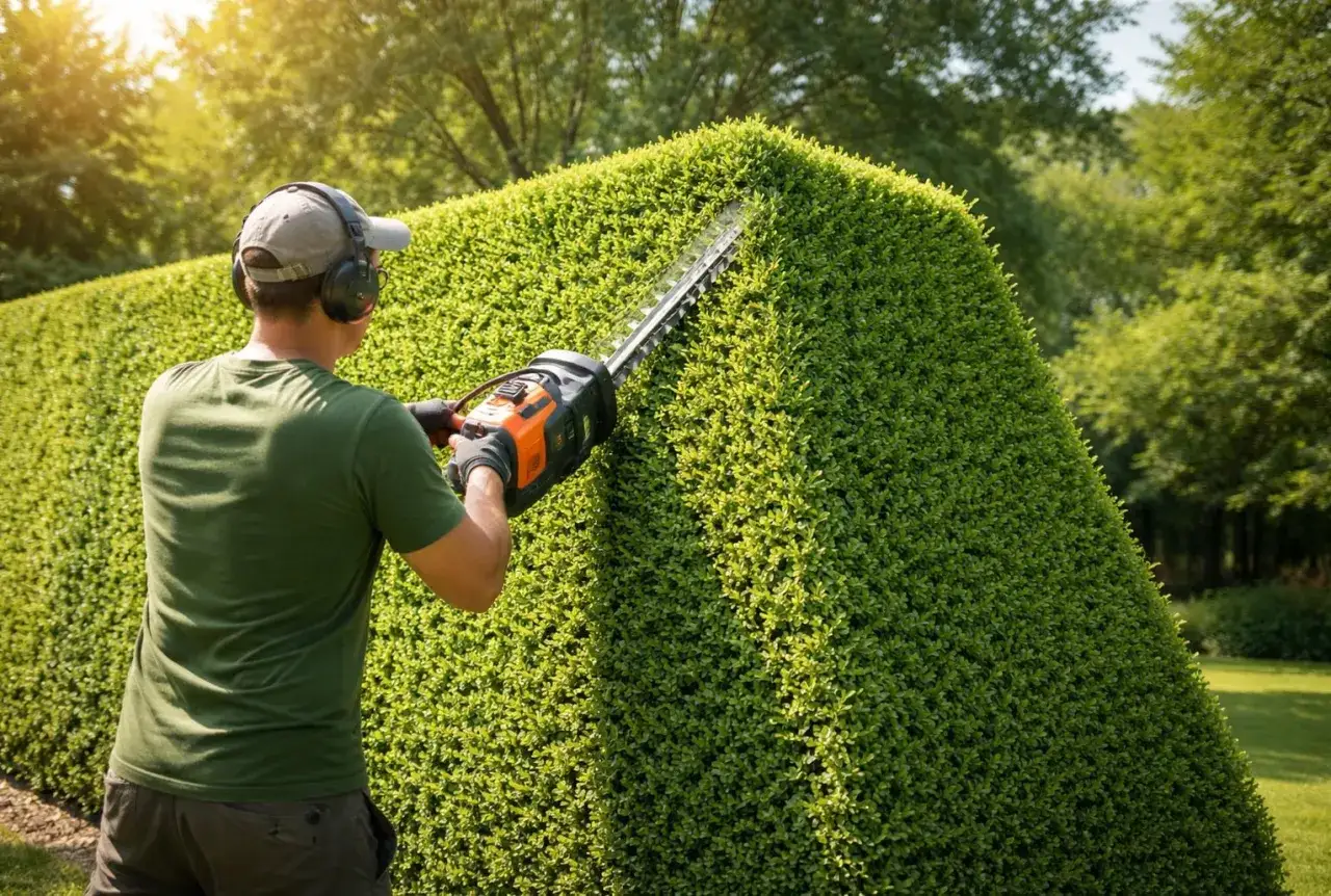 Un jardinier taille une haie de tro&egrave;nes avec un taille-haie &eacute;lectrique. C'est le moment id&eacute;al pour savoir quand tailler les tro&egrave;nes.