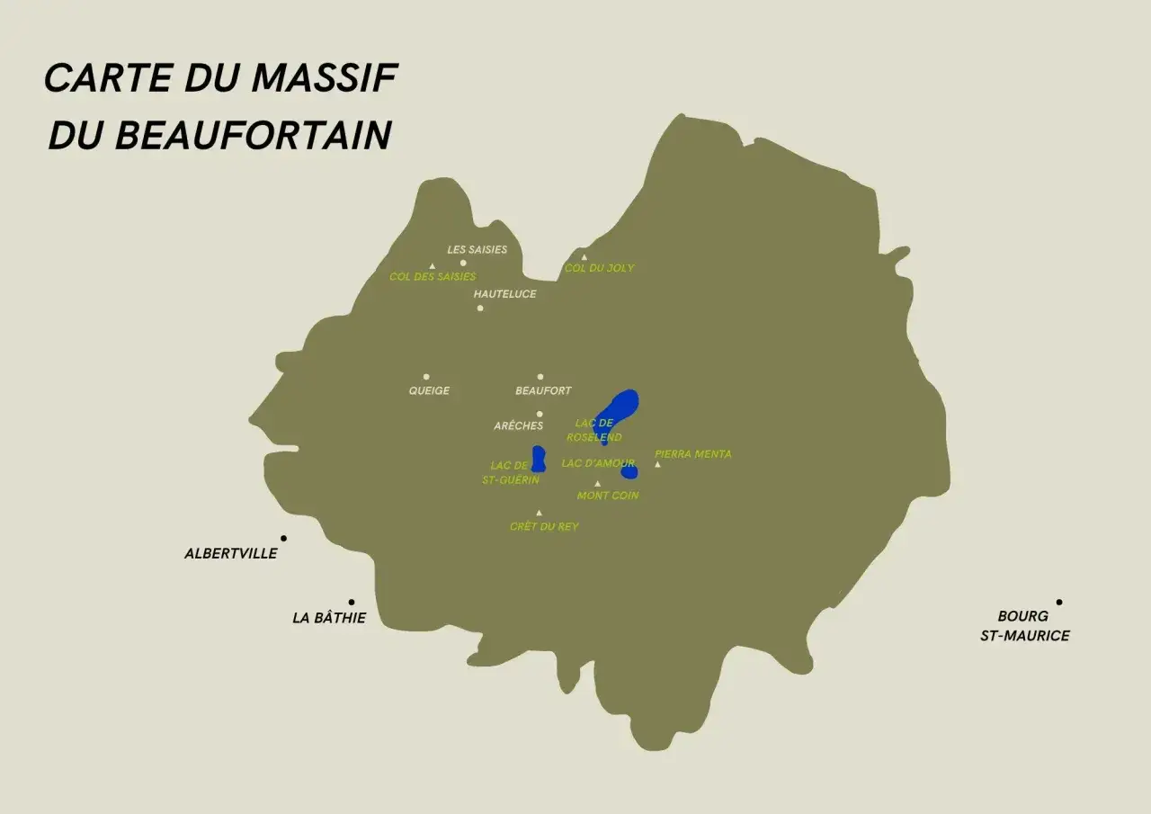 Carte du massif du Beaufortain, montrant les lacs de Roselend et Saint-Gu&eacute;rin, ainsi que des lieux comme Beaufort, Ar&ecirc;ches et Albertville.