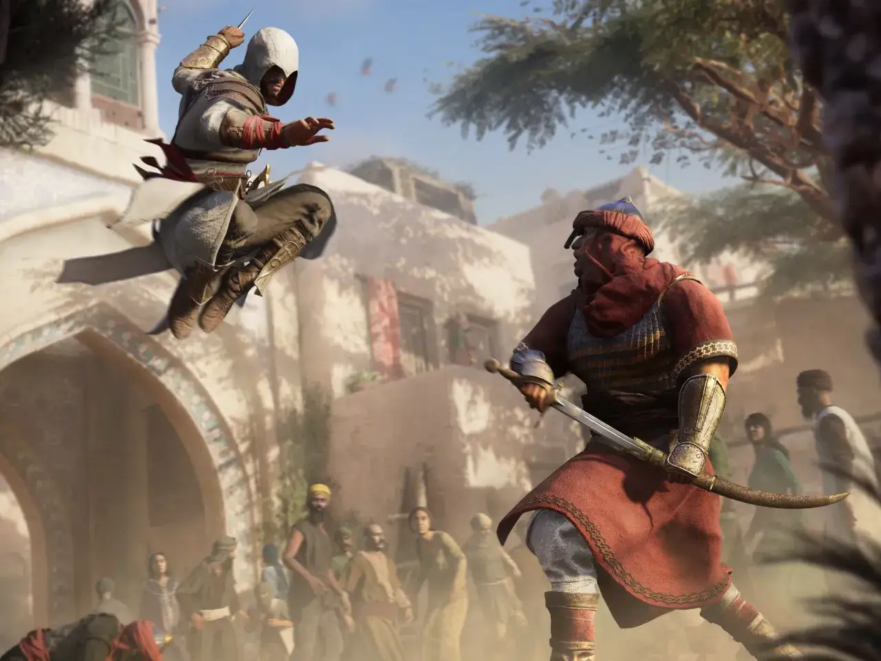 Un asesino salta en combate contra un guerrero en un mercado. El &uacute;ltimo Assassin's Creed cobra vida.