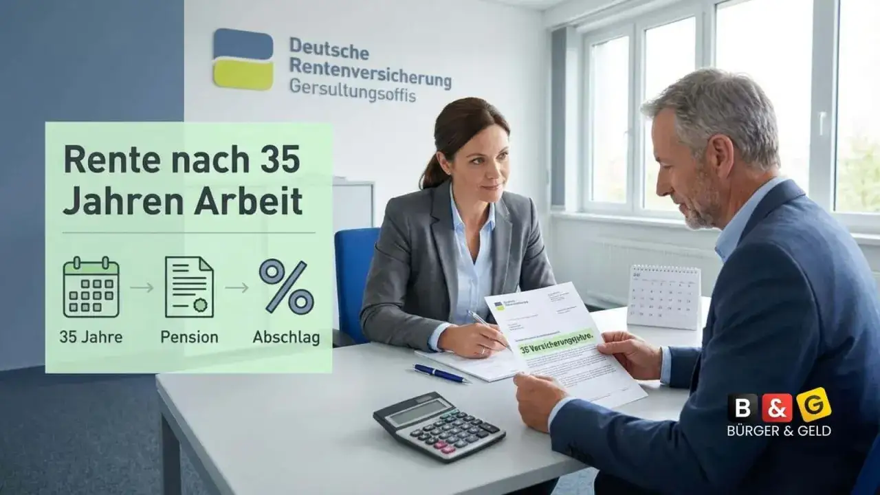 Beratung zur Rente nach 35 Jahren Arbeit. Ein Mann und eine Frau besprechen Dokumente.
