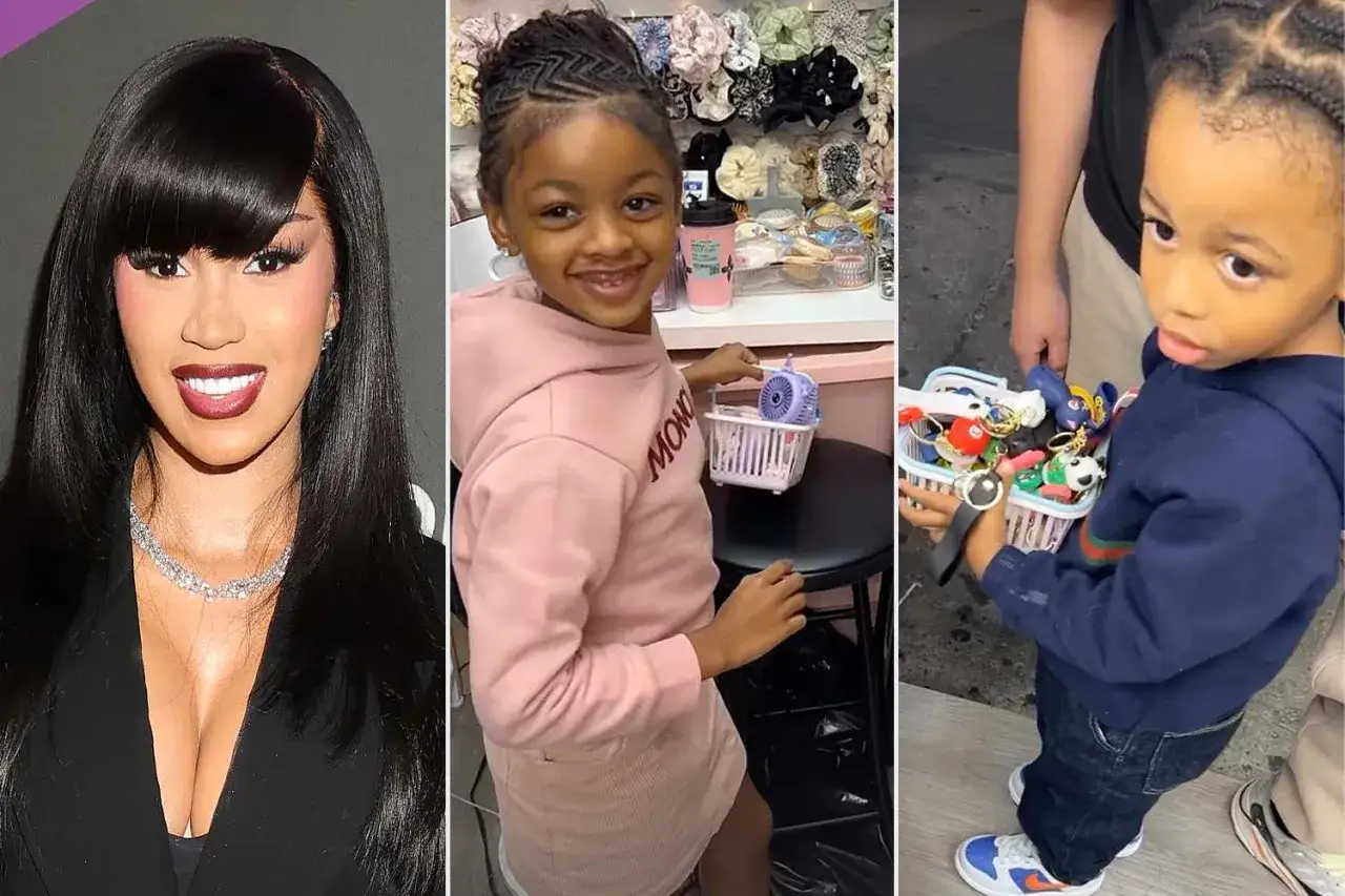 Cardi B z dziećmi: uśmiechnięta dziewczynka w różowej bluzie i chłopiec z koszykiem breloczków.
