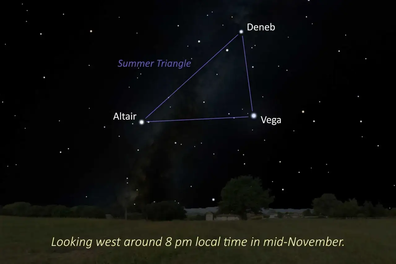 Gwiazda w lutni, czyli Tr&oacute;jkąt Letni (Wega, Altair, Deneb), świeci na nocnym niebie nad polami i drzewami.