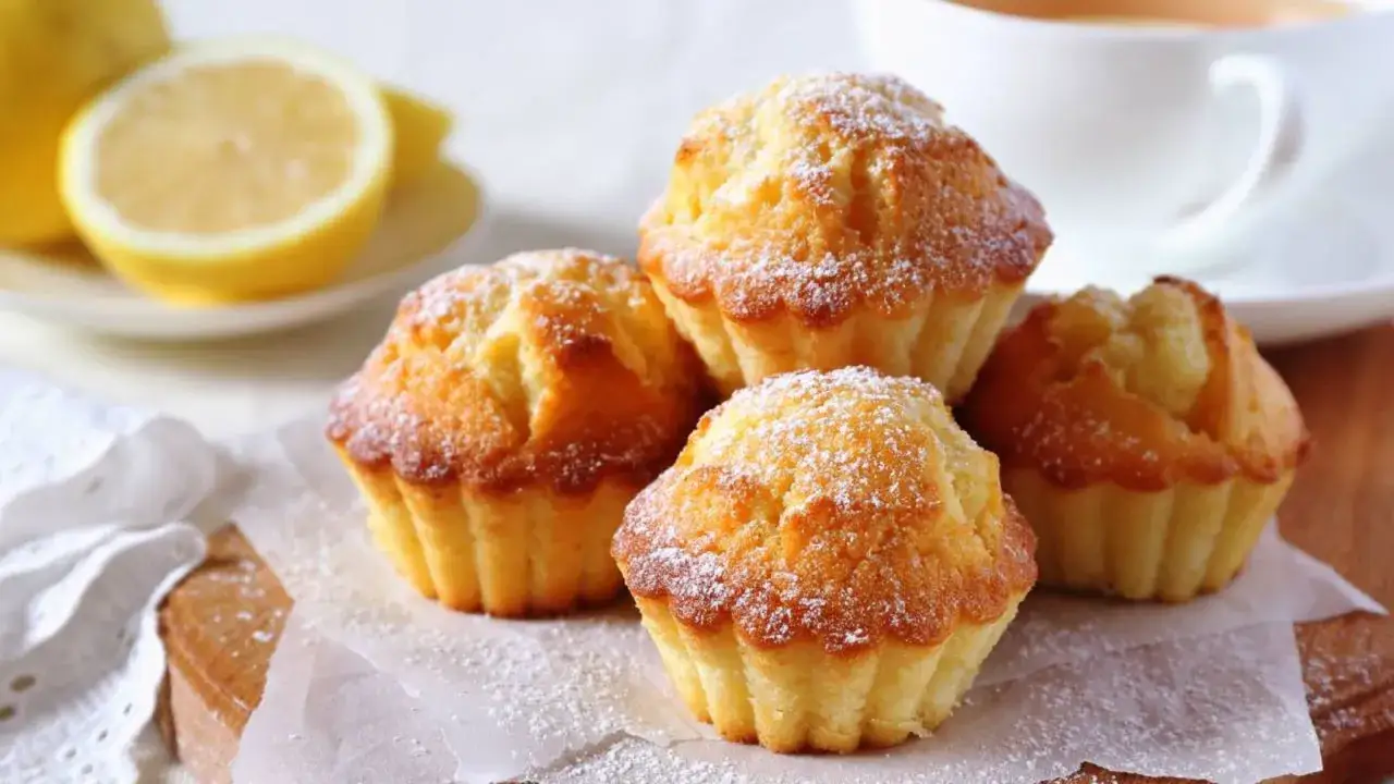 Deliciosas magdalenas de limón espolvoreadas con azúcar glas, listas para acompañar un café.