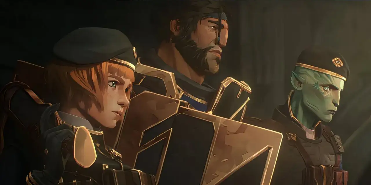 Drei Charaktere in Uniform, bereit f&uuml;r den Kampf. Die Spannung steigt in arcane staffel 2.