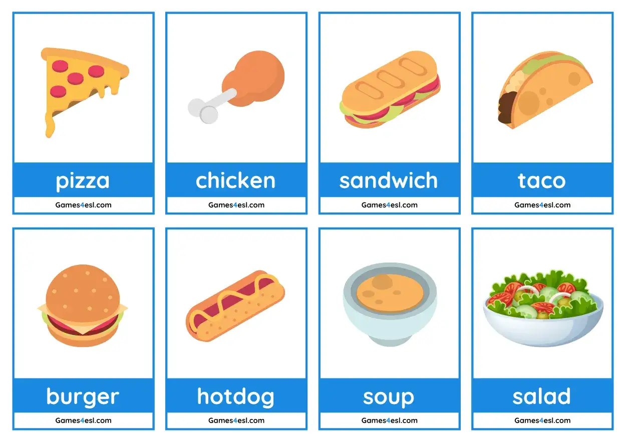 Tarjetas con im&aacute;genes de comida en ingl&eacute;s: pizza, pollo, s&aacute;ndwich, taco, hamburguesa, hotdog, sopa y ensalada.