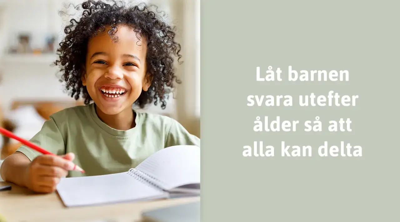 Ett glatt barn med lockigt h&aring;r skriver i en anteckningsbok med en r&ouml;d penna. Texten lyder: 