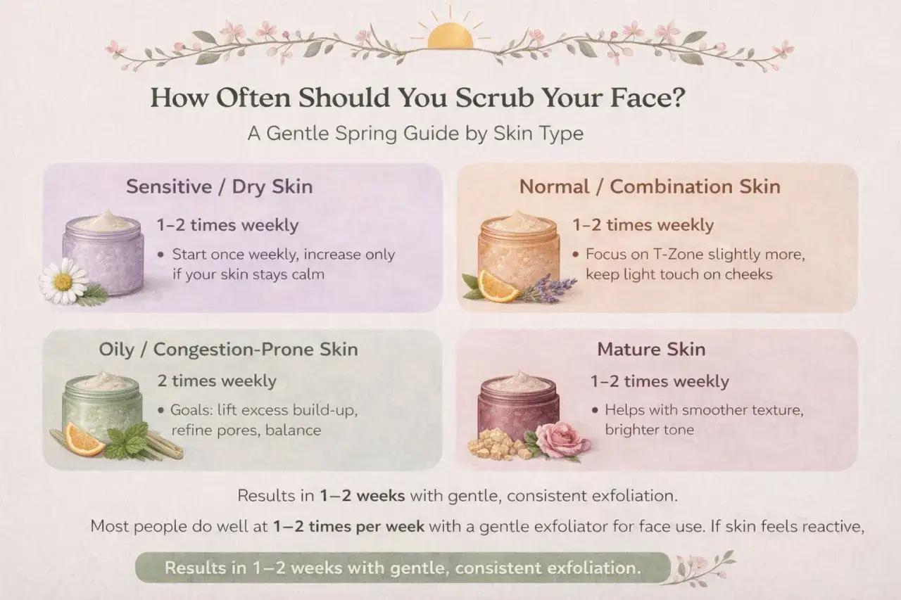 Guide för hudvård: vad betyder exfoliera? Visar hur ofta man ska skrubba ansiktet beroende på hudtyp.