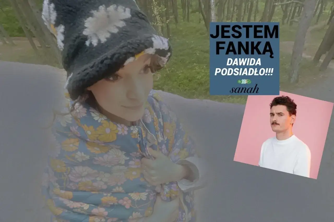 Kobieta w kwiatowej kurtce i czapce z pomponem, obok napis 