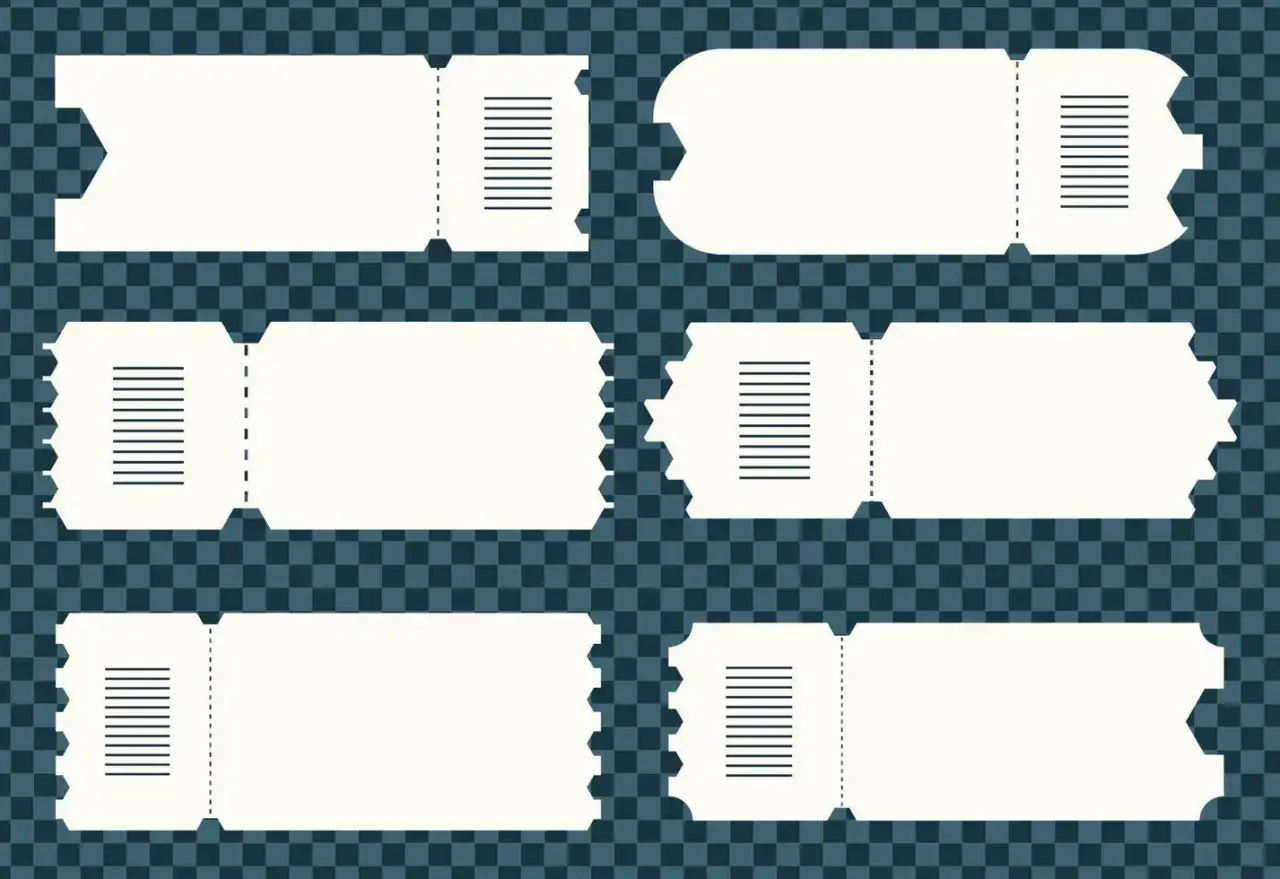 Seis plantillas de tickets para imprimir en blanco, con diferentes dise&ntilde;os de bordes y perforaciones, listas para personalizar.