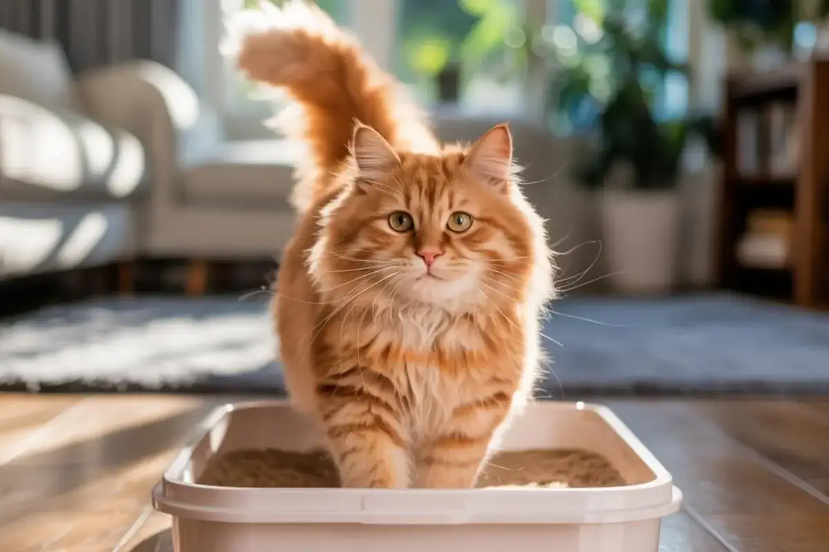 Un chat roux majestueux dans sa litière. Vous cherchez comment faire pour que mon chat retourne dans sa litière ? Ce félin semble y être à l'aise.
